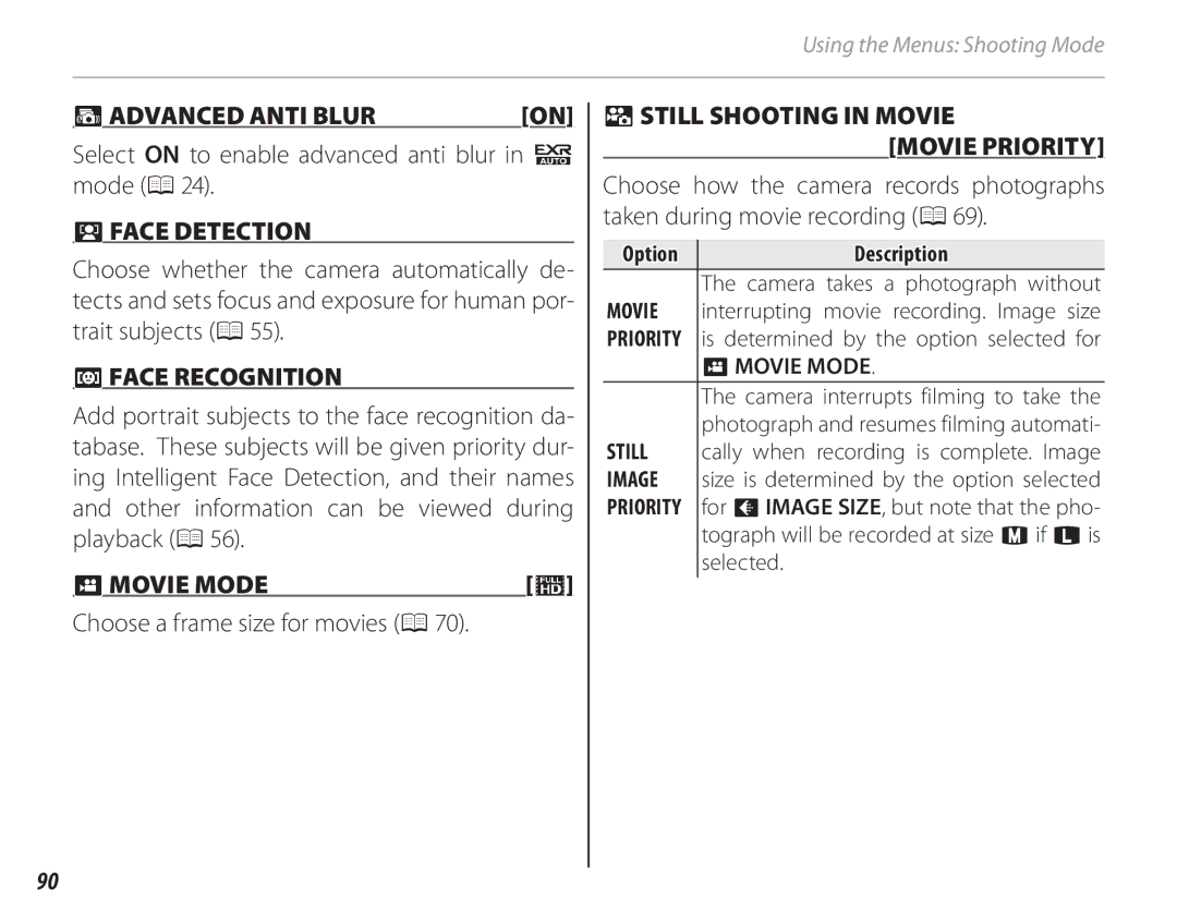 FujiFilm 16286187-4-KIT owner manual  ADVANCED Anti Blur, Wmovie Mode, Movie Priority 